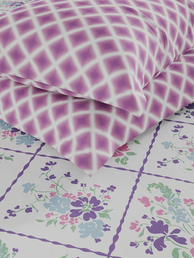 Bamboo Micro Fitted King Bedsheet With 2 Pillow Covers <small> (floral-white/violet)</small>