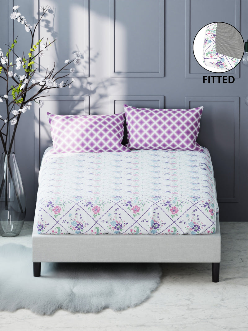 Bamboo Micro King Bedsheet With 2 Pillow Covers <small> (floral-white/violet)</small>