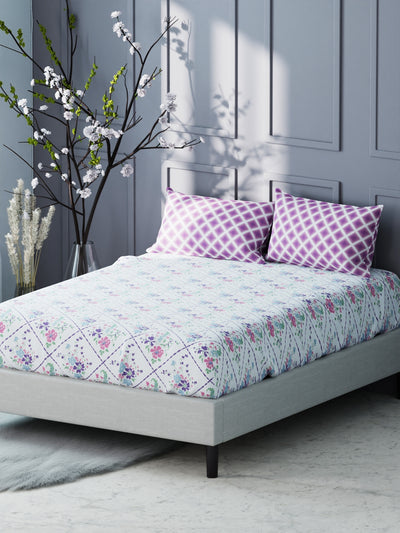 Bamboo Micro King Bedsheet With 2 Pillow Covers <small> (floral-white/violet)</small>