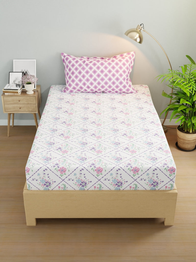 Extra Smooth Micro Single Bedsheet With 1 Pillow Cover <small> (floral-white/violet)</small>