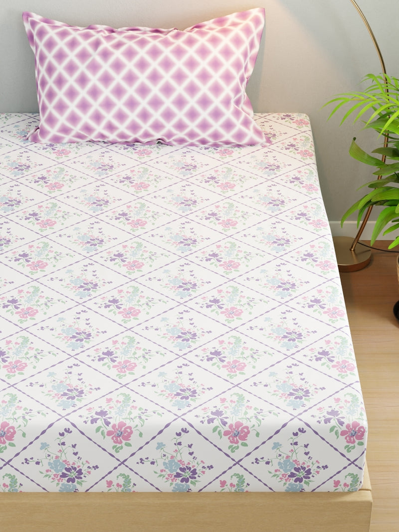 Extra Smooth Micro Single Bedsheet With 1 Pillow Cover <small> (floral-white/violet)</small>