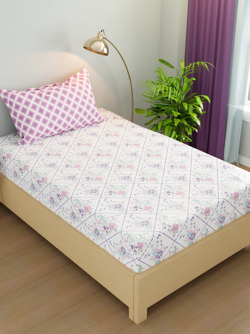 Extra Smooth Micro Single Bedsheet With 1 Pillow Cover <small> (floral-white/violet)</small>