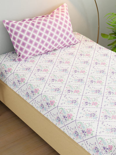 Extra Smooth Micro Single Bedsheet With 1 Pillow Cover <small> (floral-white/violet)</small>