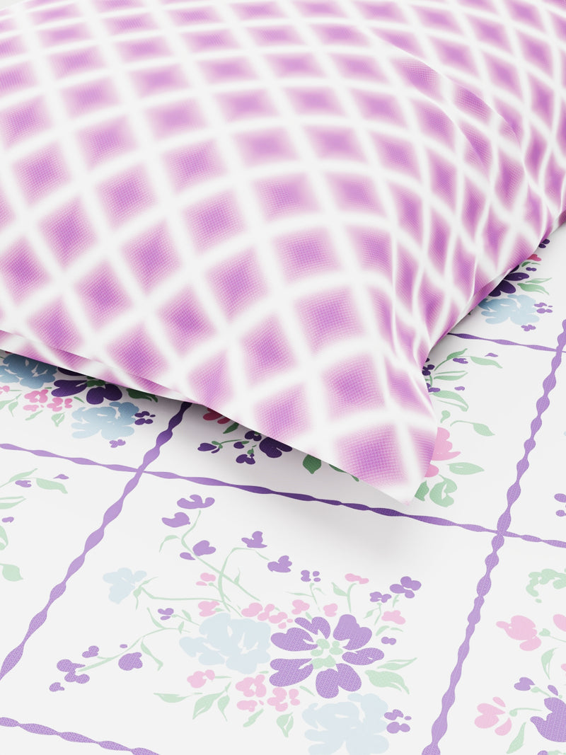 Extra Smooth Micro Single Bedsheet With 1 Pillow Cover <small> (floral-white/violet)</small>