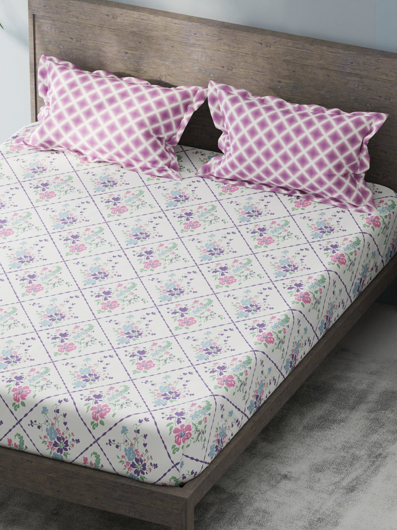 Bamboo Micro King Bedsheet With 2 Pillow Covers <small> (floral-white/violet)</small>