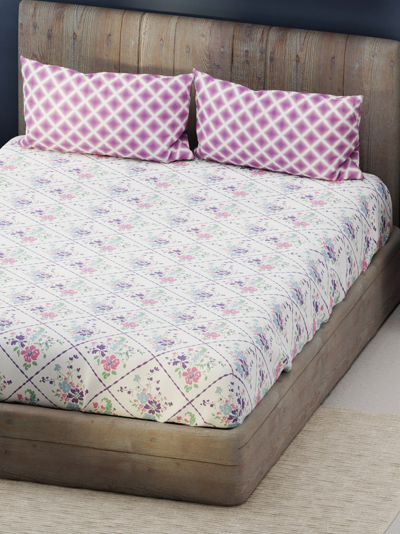 Bamboo Micro King Bedsheet With 2 Pillow Covers <small> (floral-white/violet)</small>