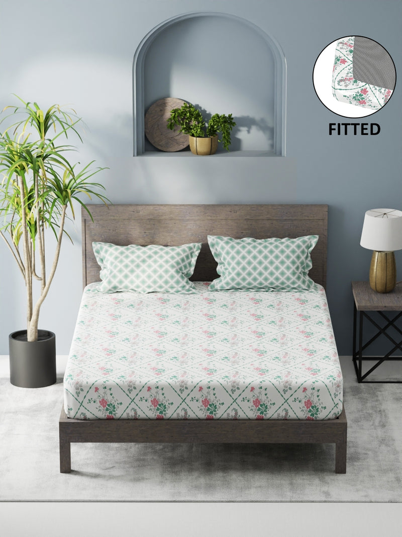 Bamboo Micro Fitted King Bedsheet With 2 Pillow Covers <small> (floral-white/green)</small>