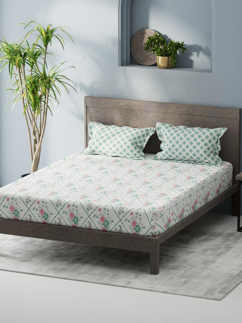 Bamboo Micro Fitted King Bedsheet With 2 Pillow Covers <small> (floral-white/green)</small>