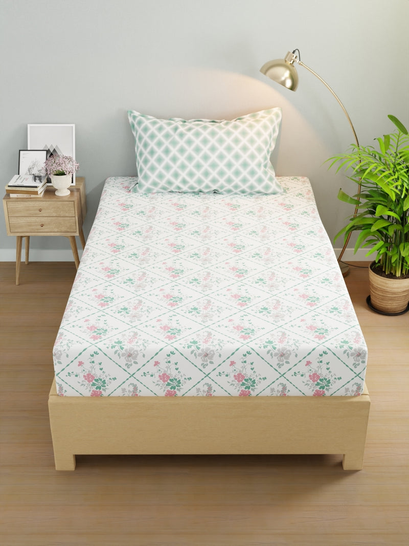 Extra Smooth Micro Single Bedsheet With 1 Pillow Cover <small> (floral-white/green)</small>