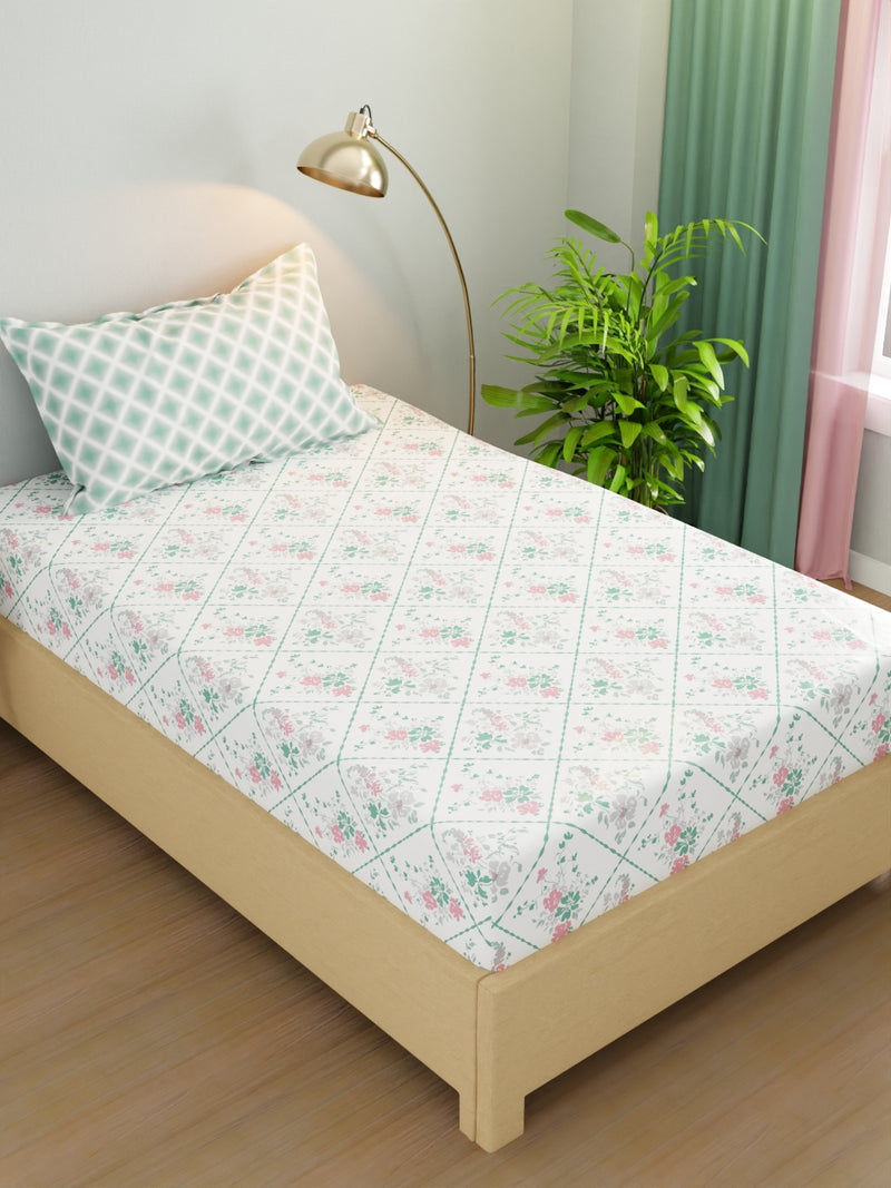 Extra Smooth Micro Single Bedsheet With 1 Pillow Cover <small> (floral-white/green)</small>