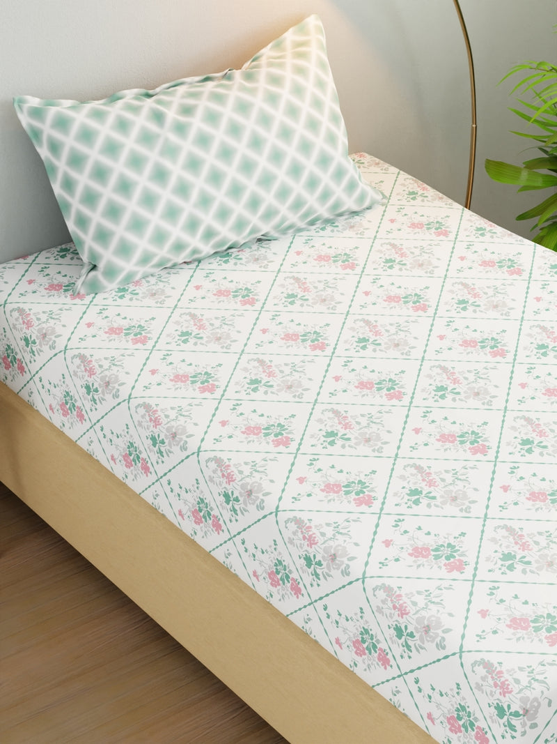 Extra Smooth Micro Single Bedsheet With 1 Pillow Cover <small> (floral-white/green)</small>