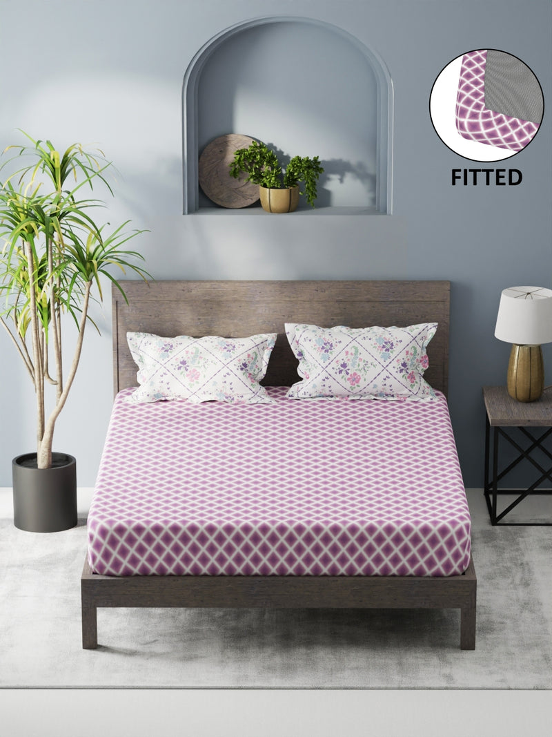 Bamboo Micro Fitted King Bedsheet With 2 Pillow Covers <small> (geometric-purple)</small>