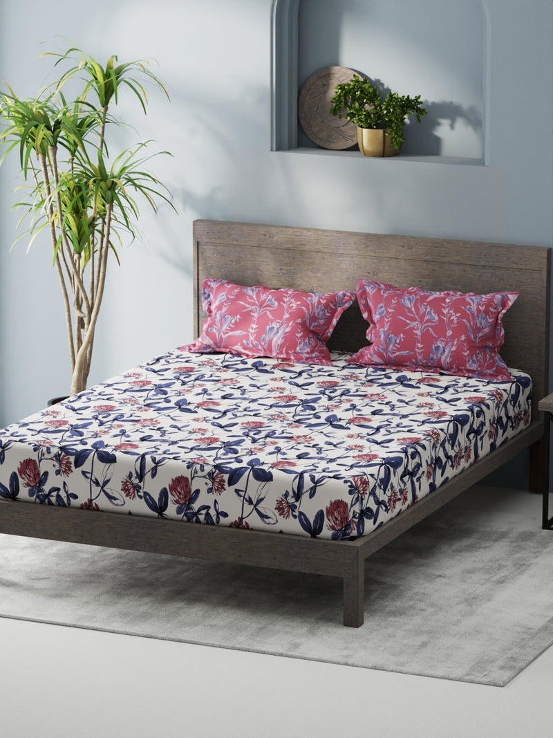 Bamboo Micro Fitted King Bedsheet With 2 Pillow Covers <small> (floral-pink/blue)</small>