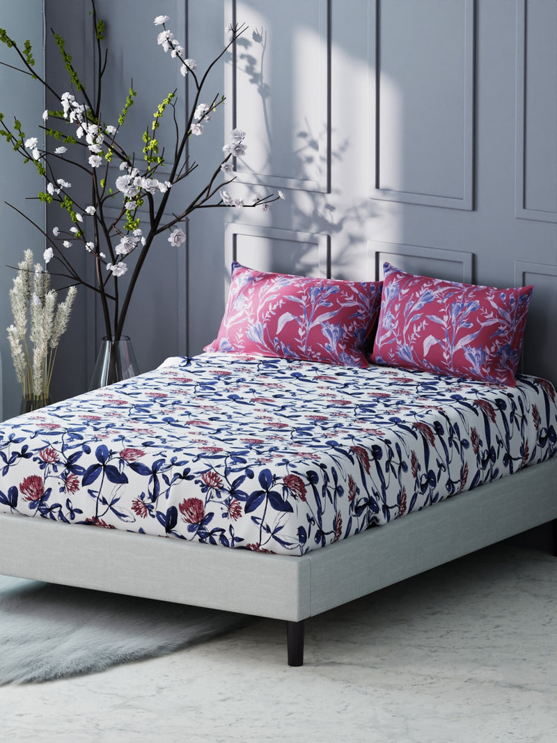 Bamboo Micro King Bedsheet With 2 Pillow Covers <small> (floral-pink/blue)</small>