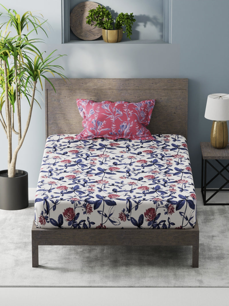 Bamboo Micro Single Bedsheet With 1 Pillow Covers <small> (floral-pink/blue)</small>