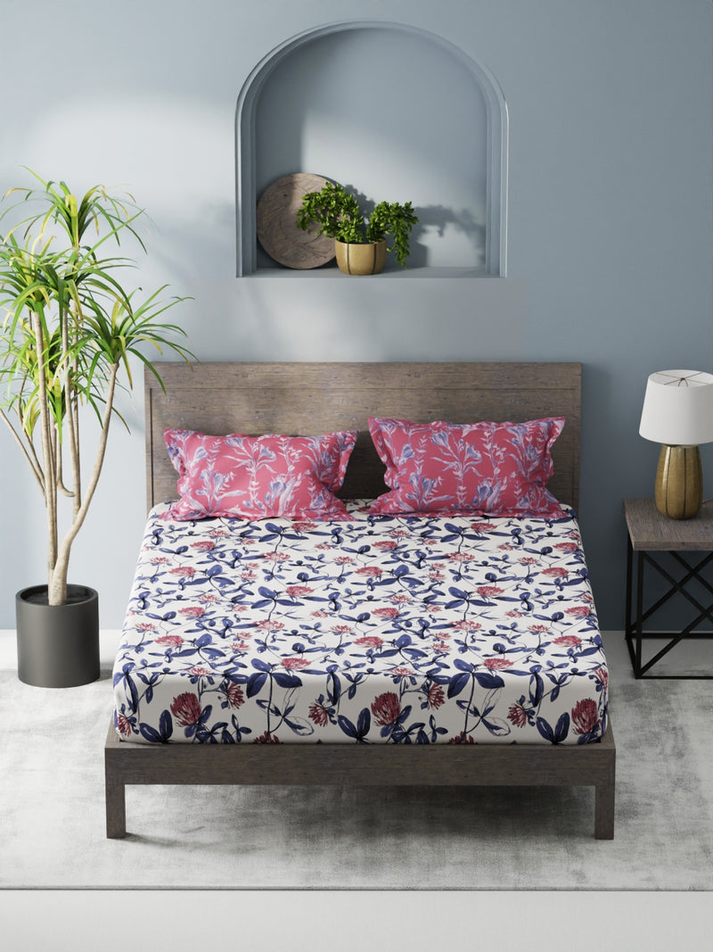 Bamboo Micro King Bedsheet With 2 Pillow Covers <small> (floral-pink/blue)</small>