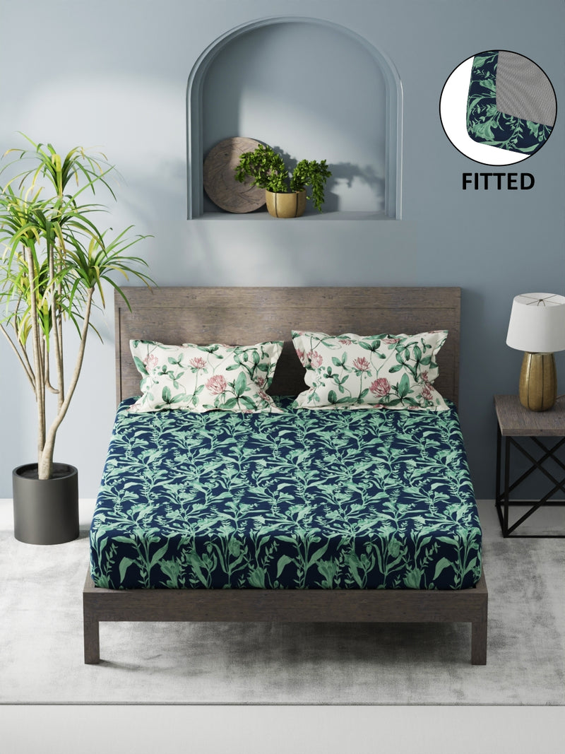 Bamboo Micro Fitted King Bedsheet With 2 Pillow Covers <small> (floral-navy/green)</small>