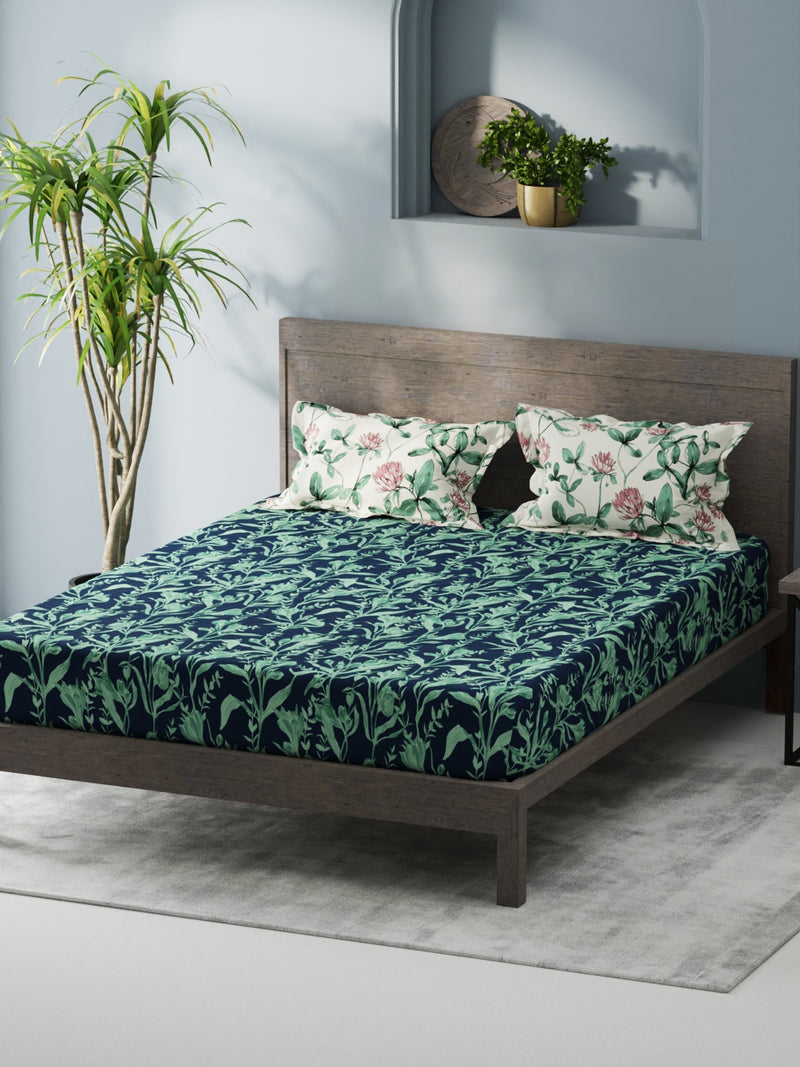 Bamboo Micro Fitted King Bedsheet With 2 Pillow Covers <small> (floral-navy/green)</small>