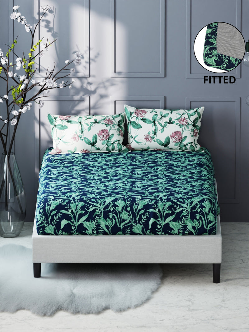 Bamboo Micro King Bedsheet With 2 Pillow Covers <small> (floral-navy/green)</small>