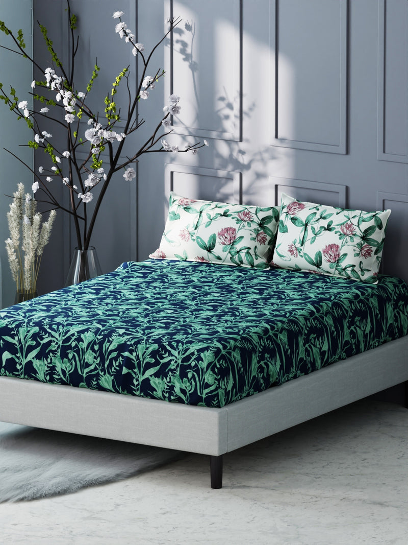 Bamboo Micro King Bedsheet With 2 Pillow Covers <small> (floral-navy/green)</small>