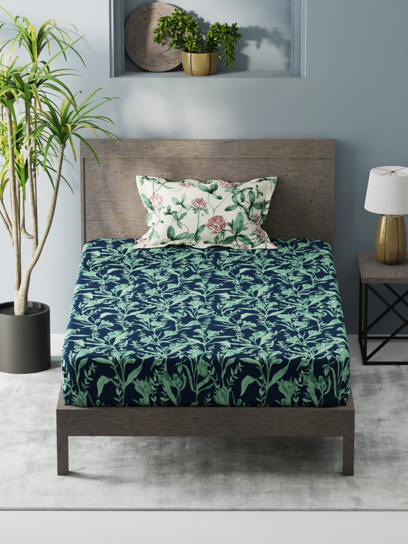 Bamboo Micro Single Bedsheet With 1 Pillow Covers <small> (floral-navy/green)</small>