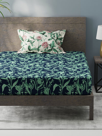 Bamboo Micro Single Bedsheet With 1 Pillow Covers <small> (floral-navy/green)</small>