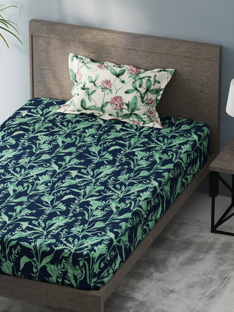 Bamboo Micro Single Bedsheet With 1 Pillow Covers <small> (floral-navy/green)</small>