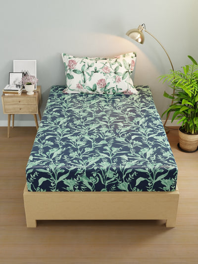 Extra Smooth Micro Single Bedsheet With 1 Pillow Cover <small> (floral-navy/green)</small>