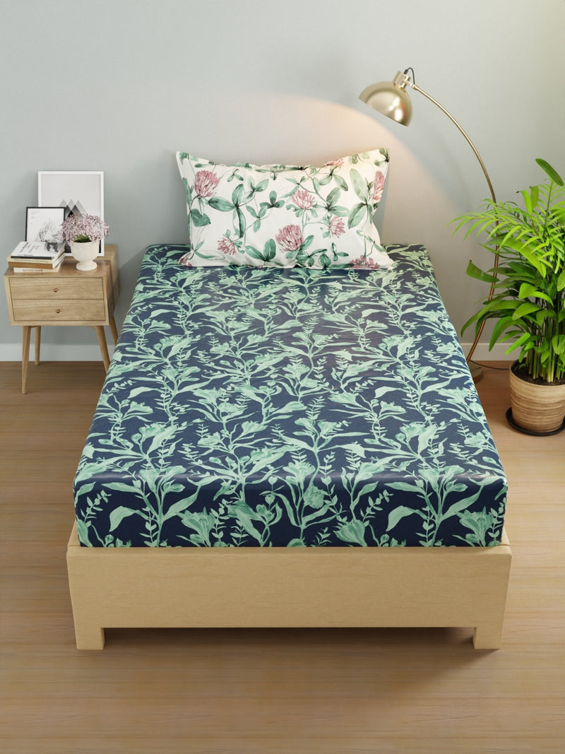 Extra Smooth Micro Single Bedsheet With 1 Pillow Cover <small> (floral-navy/green)</small>