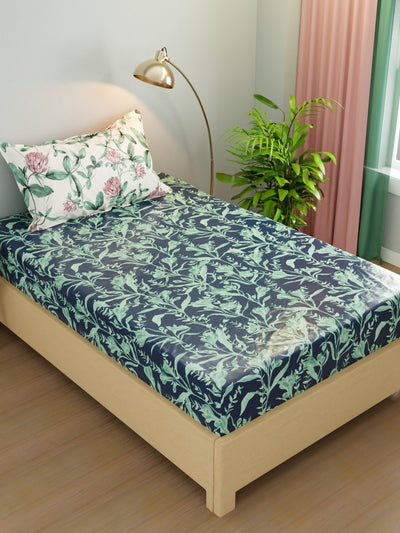 Extra Smooth Micro Single Bedsheet With 1 Pillow Cover <small> (floral-navy/green)</small>