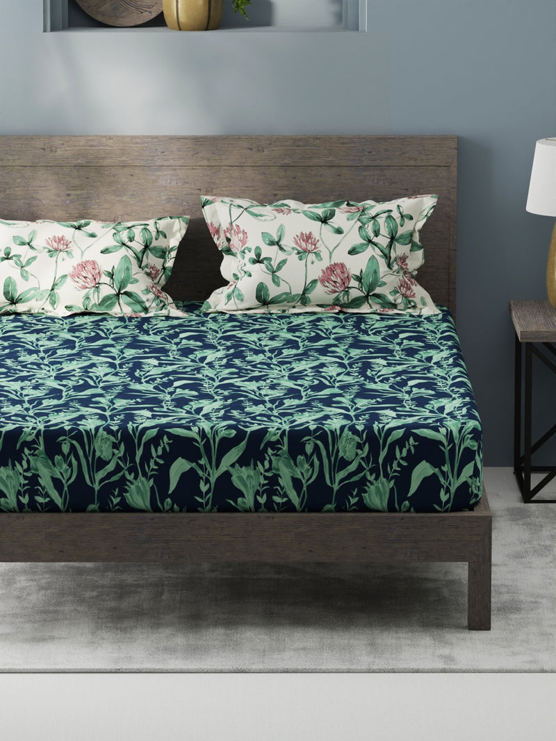 Bamboo Micro King Bedsheet With 2 Pillow Covers <small> (floral-navy/green)</small>