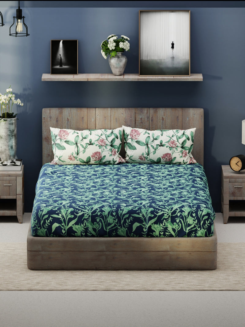 Bamboo Micro King Bedsheet With 2 Pillow Covers <small> (floral-navy/green)</small>