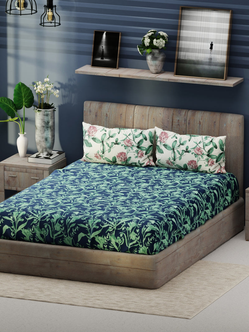 Bamboo Micro King Bedsheet With 2 Pillow Covers <small> (floral-navy/green)</small>