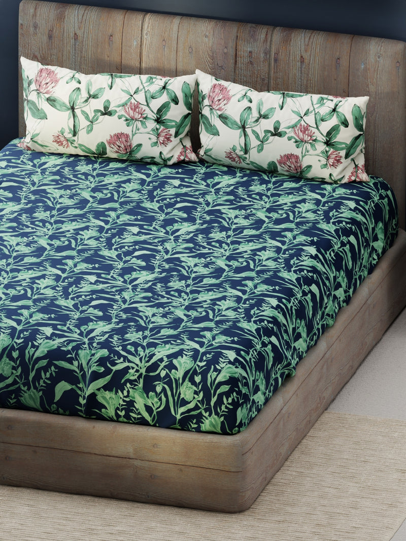 Bamboo Micro King Bedsheet With 2 Pillow Covers <small> (floral-navy/green)</small>