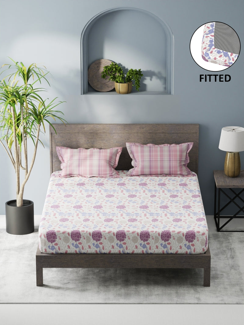 Bamboo Micro Fitted King Bedsheet With 2 Pillow Covers <small> (floral-white/lilac)</small>