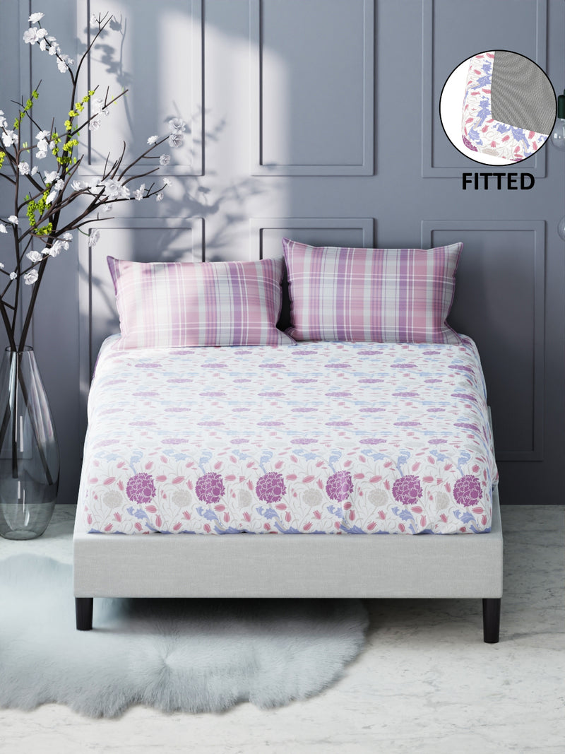 Bamboo Micro King Bedsheet With 2 Pillow Covers <small> (floral-white/lilac)</small>