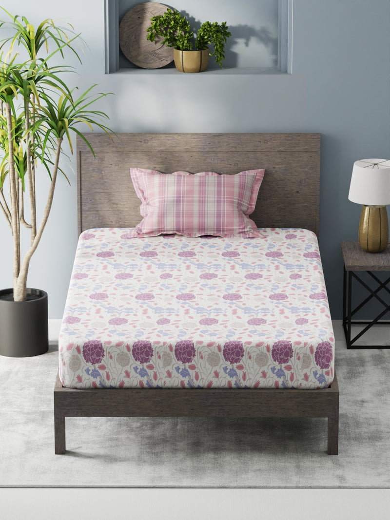 Bamboo Micro Single Bedsheet With 1 Pillow Covers <small> (floral-white/lilac)</small>