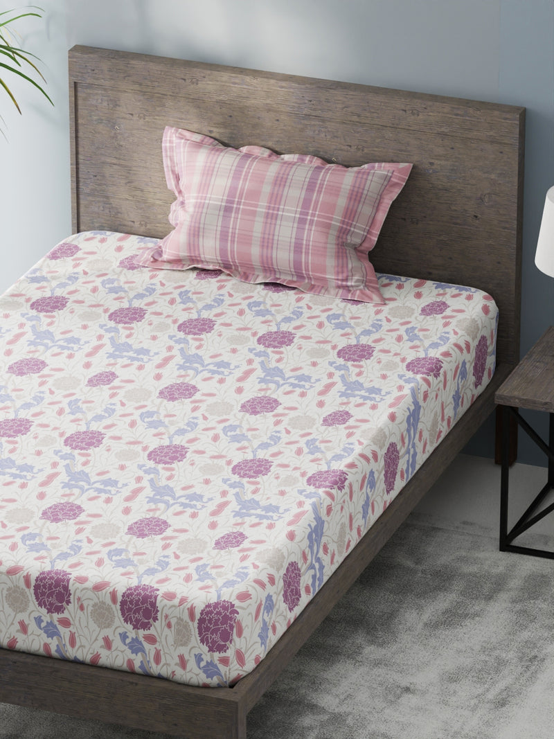 Bamboo Micro Single Bedsheet With 1 Pillow Covers <small> (floral-white/lilac)</small>