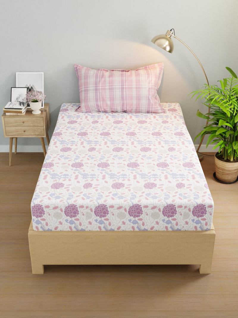 Extra Smooth Micro Single Bedsheet With 1 Pillow Cover <small> (floral-white/lilac)</small>