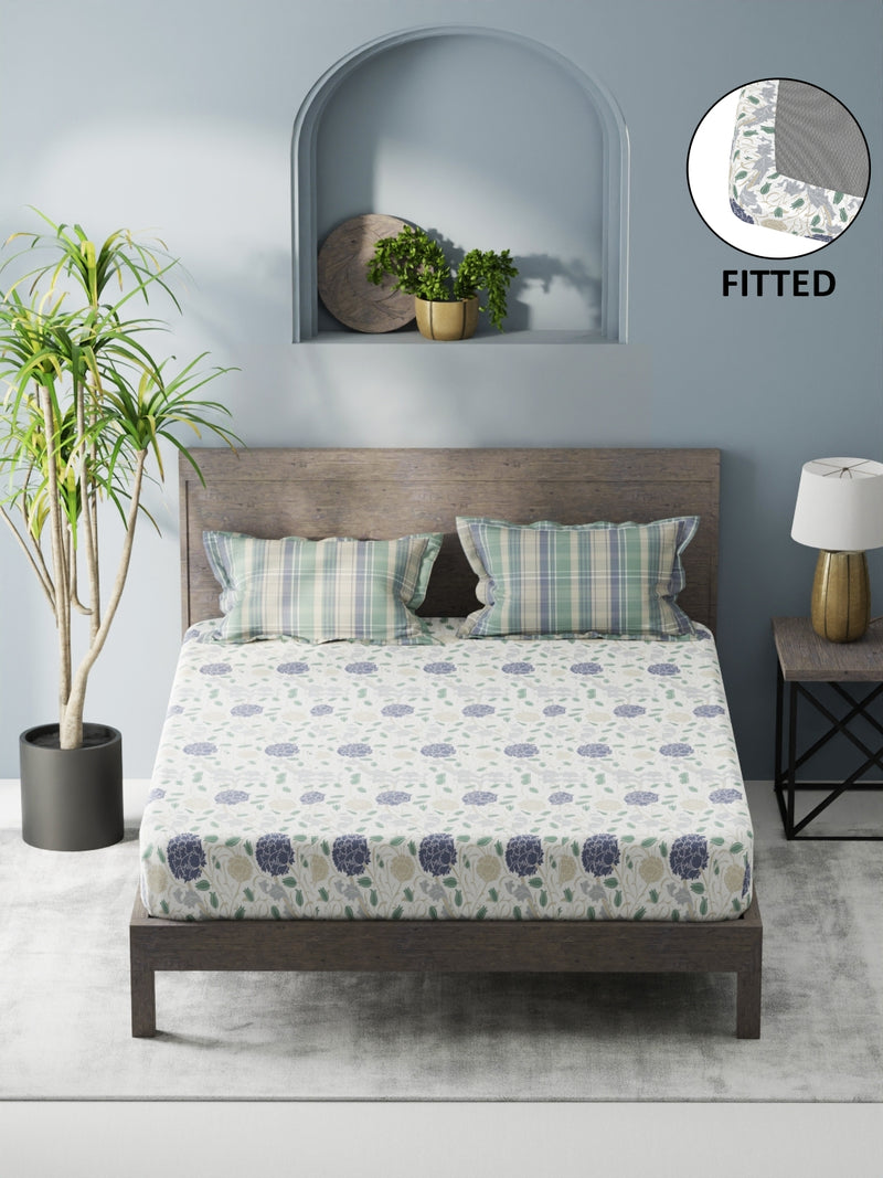 Bamboo Micro Fitted King Bedsheet With 2 Pillow Covers <small> (floral-white/blue)</small>