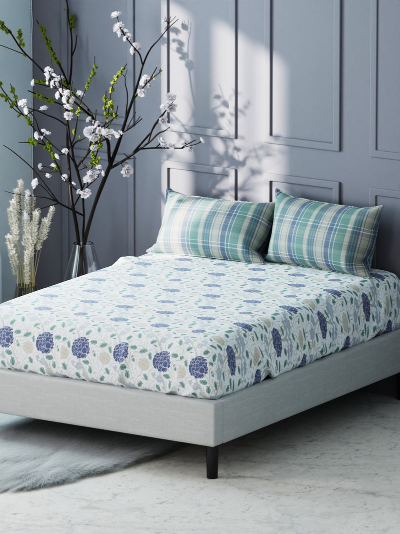 Bamboo Micro King Bedsheet With 2 Pillow Covers <small> (floral-white/blue)</small>