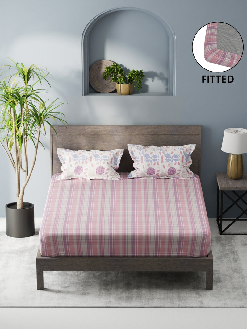 Bamboo Micro Fitted King Bedsheet With 2 Pillow Covers <small> (checks-pink/purple)</small>