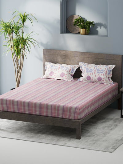 Bamboo Micro Fitted King Bedsheet With 2 Pillow Covers <small> (checks-pink/purple)</small>