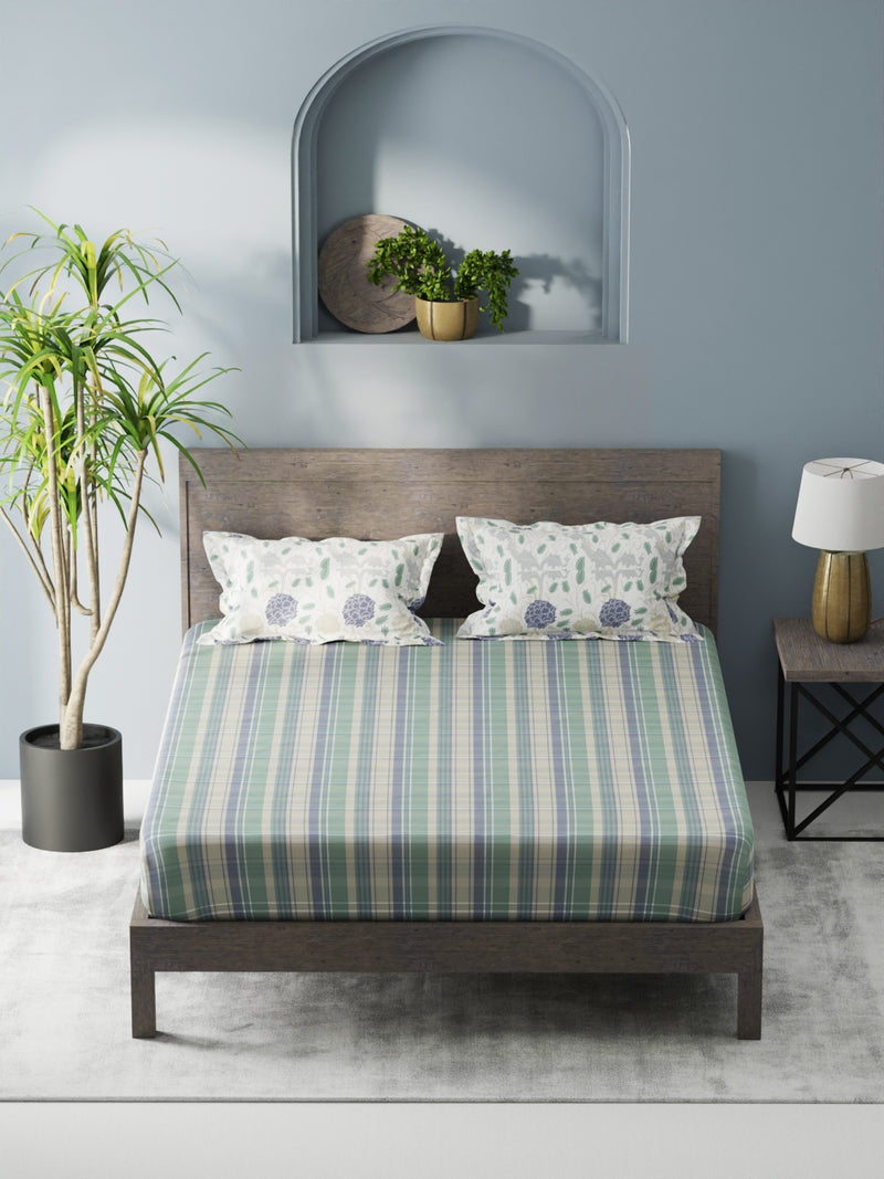 Bamboo Micro King Bedsheet With 2 Pillow Covers <small> (checks-green/blue)</small>