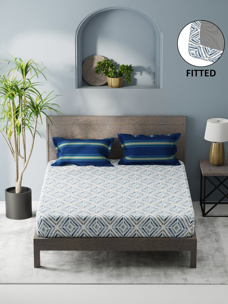 Bamboo Micro Fitted King Bedsheet With 2 Pillow Covers <small> (geometric-blue)</small>