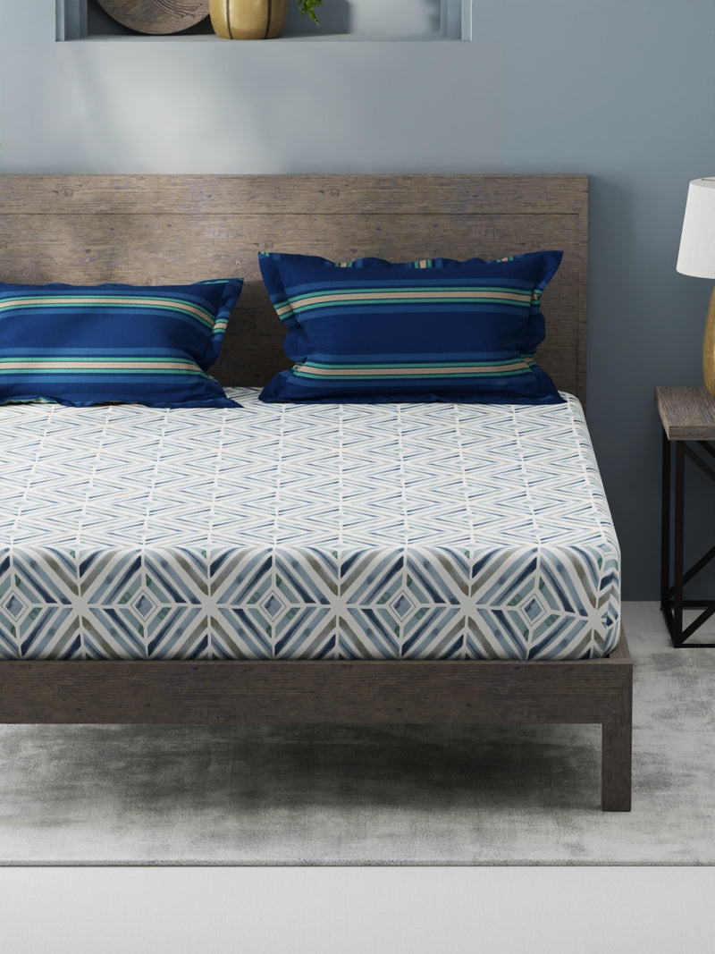 Bamboo Micro Fitted King Bedsheet With 2 Pillow Covers <small> (geometric-blue)</small>