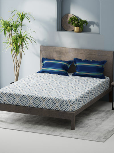 Bamboo Micro Fitted King Bedsheet With 2 Pillow Covers <small> (geometric-blue)</small>