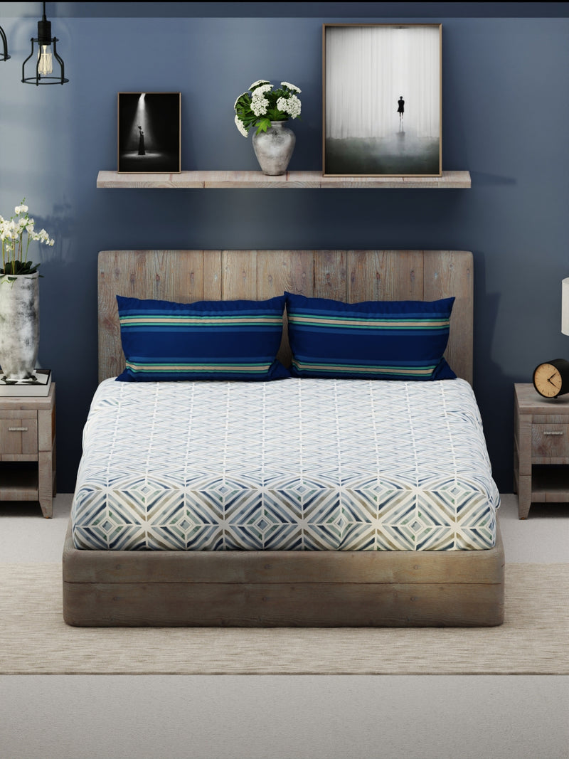 Bamboo Micro King Bedsheet With 2 Pillow Covers <small> (geometric-blue)</small>