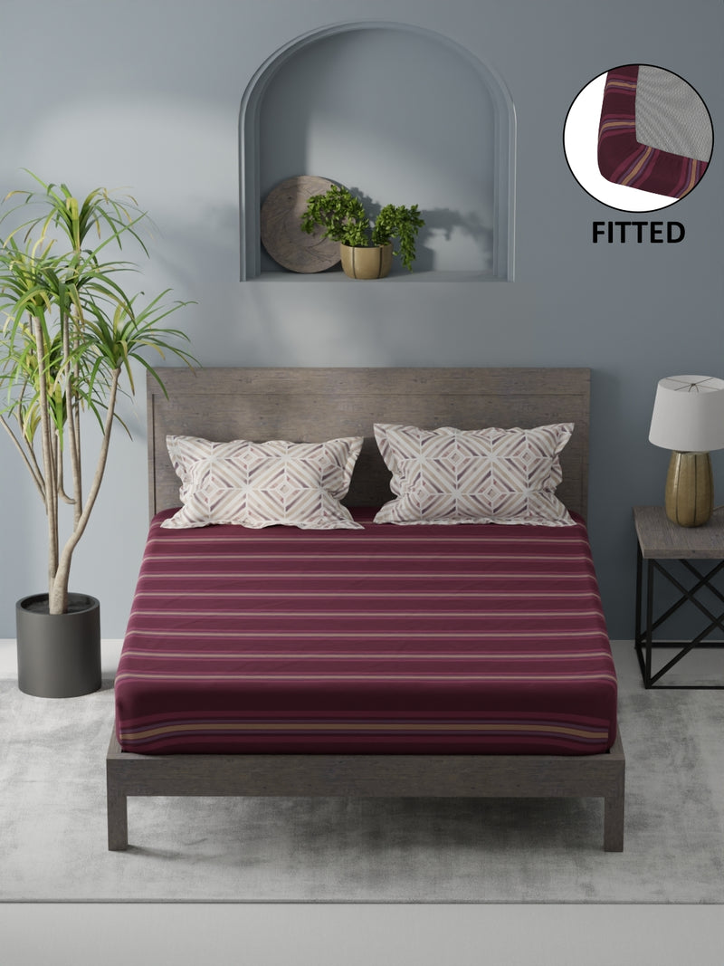 Bamboo Micro Fitted King Bedsheet With 2 Pillow Covers <small> (stripe-wine)</small>