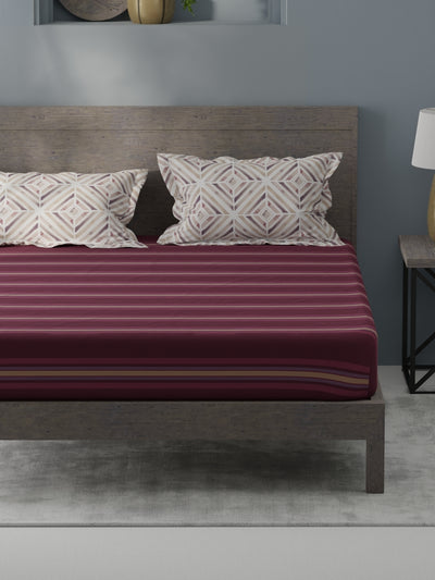 Bamboo Micro Fitted King Bedsheet With 2 Pillow Covers <small> (stripe-wine)</small>